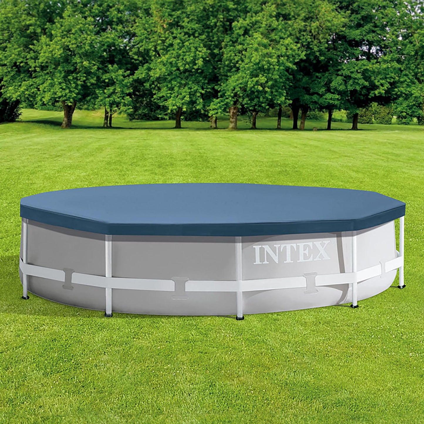 INTEX 28030E Pool Cover: For 10ft Round Metal Frame Pools – Includes Rope Tie – Drain Holes – 10in Overhang – Snug Fit