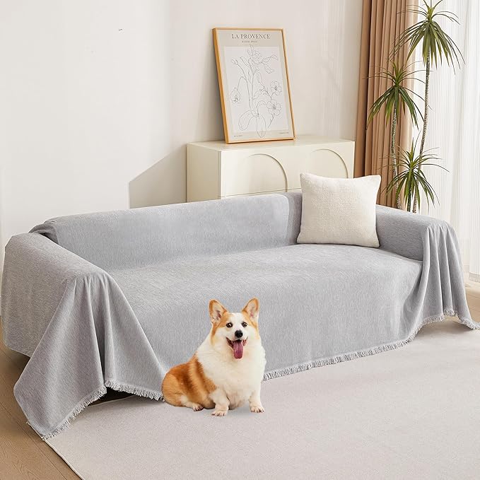 MYSKY HOME Chenille Sofa Cover for Dogs Cats Light Gery Couch Cover with Tassel Edge Farmhouse Furniture Protectors for Pets Thick Durable Sectional Couch Covers for 2 Cushion Couch, 71"x 102"