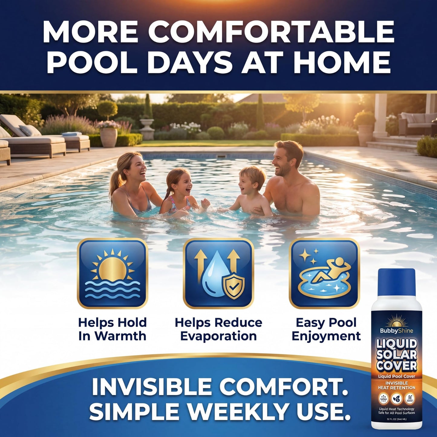 Liquid Solar Pool Cover for Inground & Above Ground Pools, 32 oz Weekly Liquid Solar Blanket for Pool, Helps Reduce Evaporation & Hold in Warmth, Invisible Pool Water Warmer, BubbyShine
