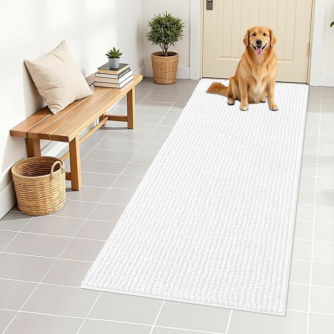 OLANLY Dog Door Mat for Muddy Paws 59x24, Ultra Absorbent Chenille Mud Doormat, Non-Slip Washable and Dirt Trapping Doormat for Indoor Entryway, Quick-Dry Indoor Pet Bed Mats for Dogs, White