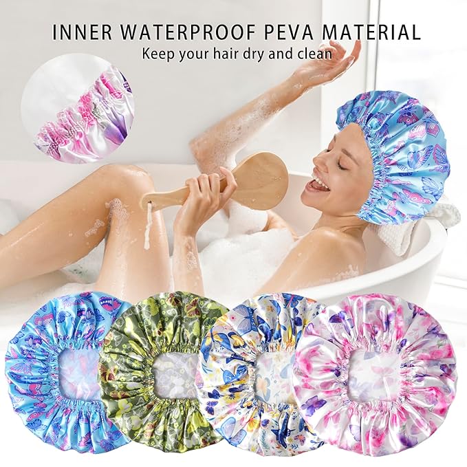 4 PCS Shower Cap for Women, Elastic and Reusable Bath Caps, Double Layers Shower Caps Reusable Waterproof, Bathing Shower Caps, Environmental Bath Hair Protection Cap - Butterfly C