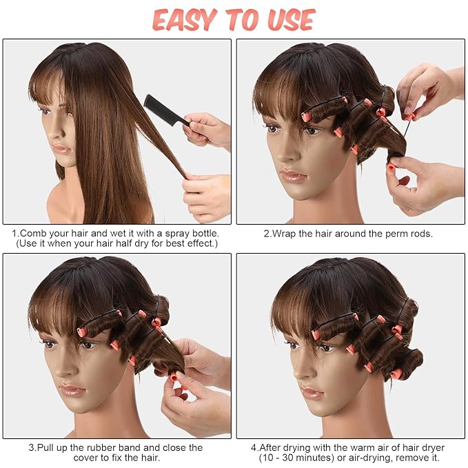 WILLBOND 60 Pcs Short Perm Rods Natural Hair Perm Rods with Elastic Rubber Band Non Slip Plastic Perming Cold Wave Kit for Women Hairdressing Styling Tool(0.5 Inch,Orange)