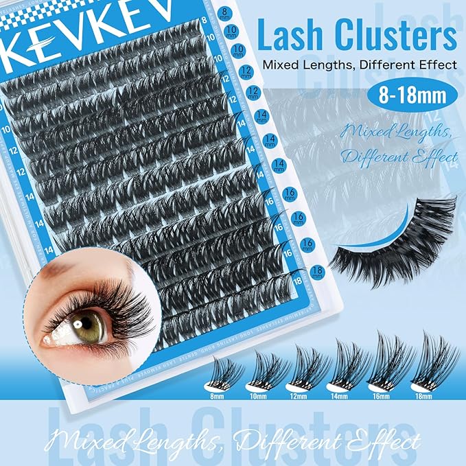 KEVKEV Lash Clusters 144 Pcs Eyelash Clusters Wispy Natural Cluster Eyelash Extension Thin Band & Soft Mix Length Lashes DIY Lash Extensions at Home Easy to Apply(Cirrus,8-18mix)