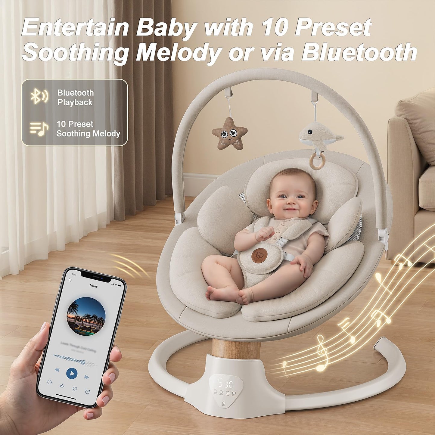 Baby Swings for Infants, FasonBaby Electric Baby Swing with 10 Preset Melodies, 5 Speeds, Remote Control and Bluetooth - Portable Infant Swing for Indoor and Outdoor(Beige)