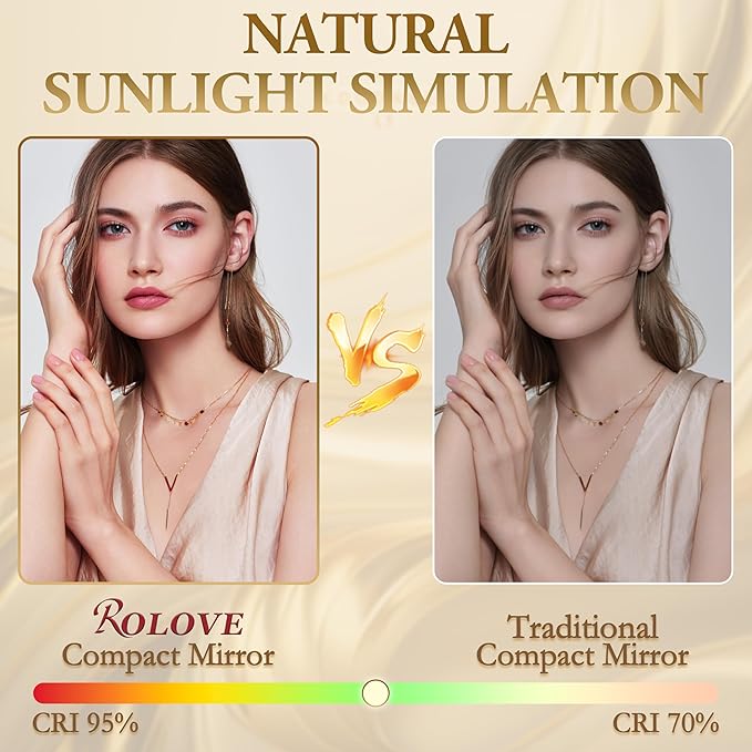 ROLOVE Lighted Makeup Mirror with 3-Color Dimmable Lighting, with Removable 10x Magnifier, Smart Touch Control, 360° Rotation, 15" x 13" Hollywood Vanity Mirror for Tabletop Desk (Gold)