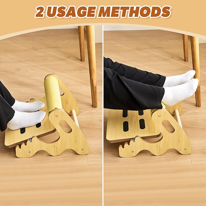 Foot Rest for Under Desk at Work- Adjustable Rocking Foot Stool with 3 Height Positions and Soft Crossbar, Ergonomic Wooden Footrest with Anti-Slip Surface for Home, Office