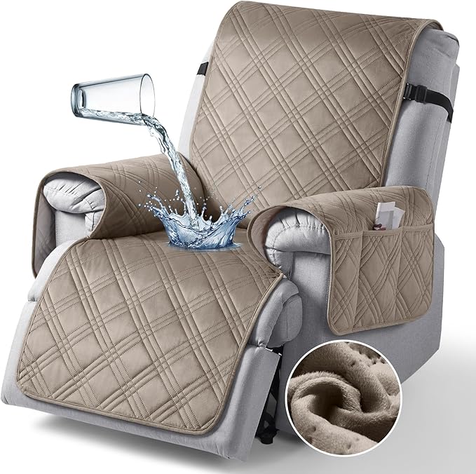 TAOCOCO 100% Waterproof Recliner Chair Cover, Recliner Covers for Recliner Chair with Pocket, Non Slip Reclining Chair Cover Furniture Protector for Kids, Pets(30'', Light Taupe-Velvet)