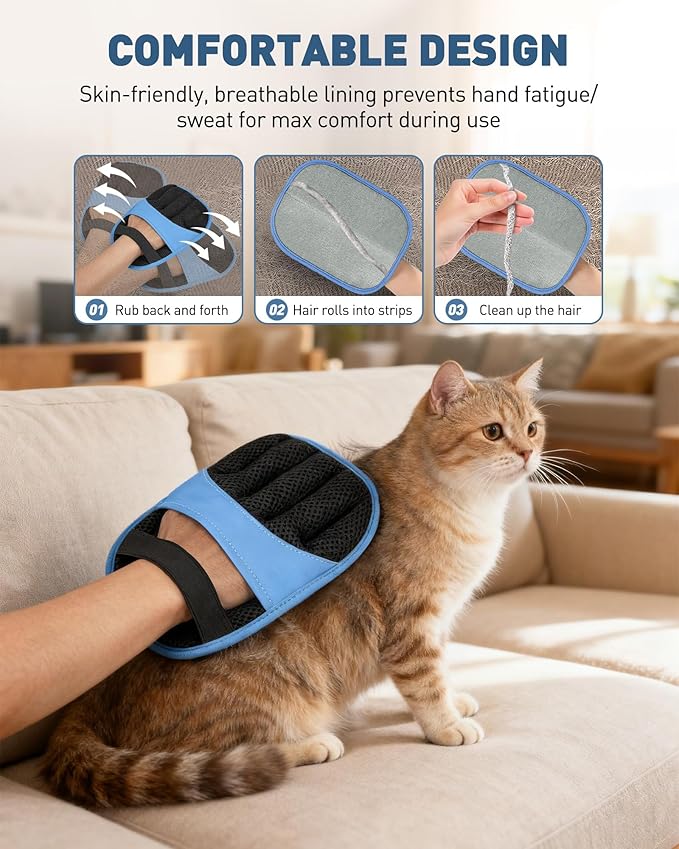 2 Pack Pet Hair Removal Glove - Electrostatic Magic Brush Gloves Pet Hair for Dogs and Cats, The Magic Brush Pure Path Yomi Pet Grooming Needs, Fur Remover for Furniture, Clothes, Car Seats (Blue)