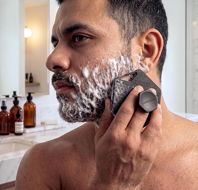 The BEARD BLACK Silicone Beard Scrubber - Deep Cleansing Beard Brush for Men - Manual Exfoliating Face Scrubber for Beardruff & Flake Removal - Soft Touch Grooming Tool for Shower & Travel