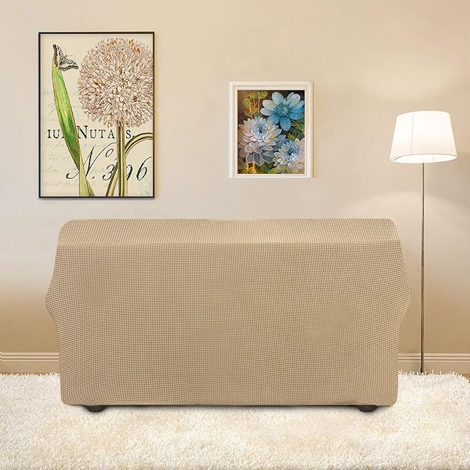 Easy-Going Stretch Loveseat Slipcover 1-Piece Sofa Cover Furniture Protector Couch Soft with Elastic Bottom for Kids Polyester Spandex Jacquard Fabric Small Checks (Loveseat, Sand)