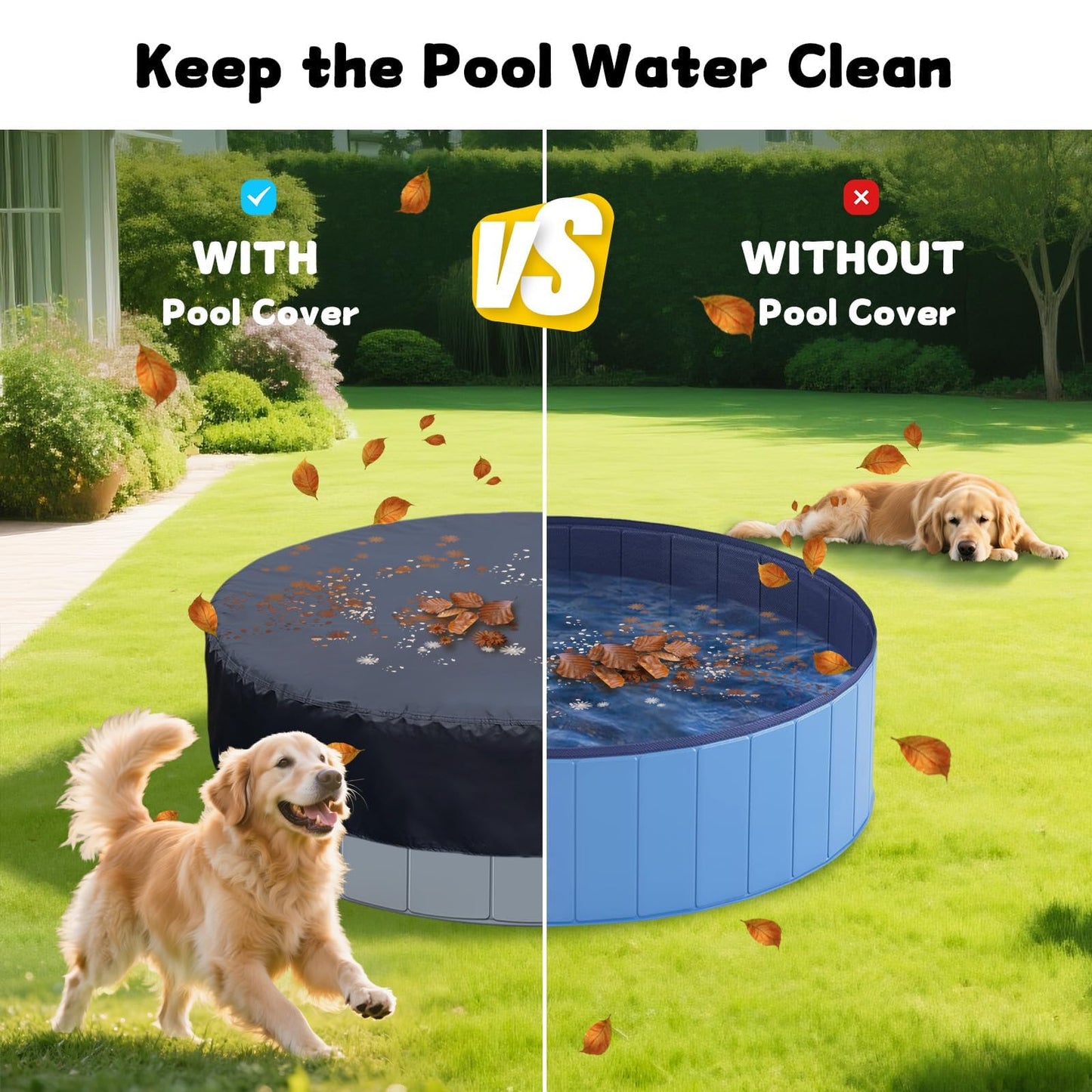 SAFANA 63/64 inch Round Dog Pool Cover [Upgrade 420D Thickened Durable] 64" Portable Dog Pet Bath Pool Cover, Foldable Round Doggy Inflatable Swimming Pool Cover, Drawstring Design Windproof Dustproof