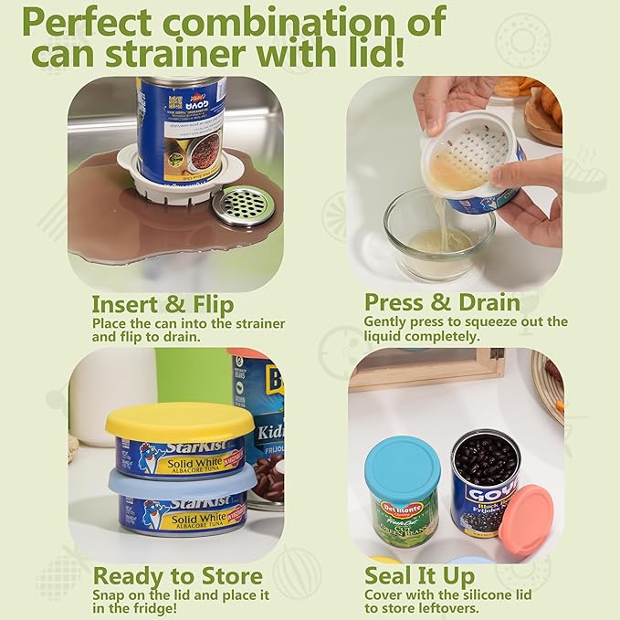 4 Packs Silicone Lids (3.0-inch & 3.5-inch) Bundle with 1 Pack Can Strainer | Can Strainer for Canned Food | Tuna Drainer | Reusable Can Lids | Dishwasher Safe | 5 PCs Canning Duo