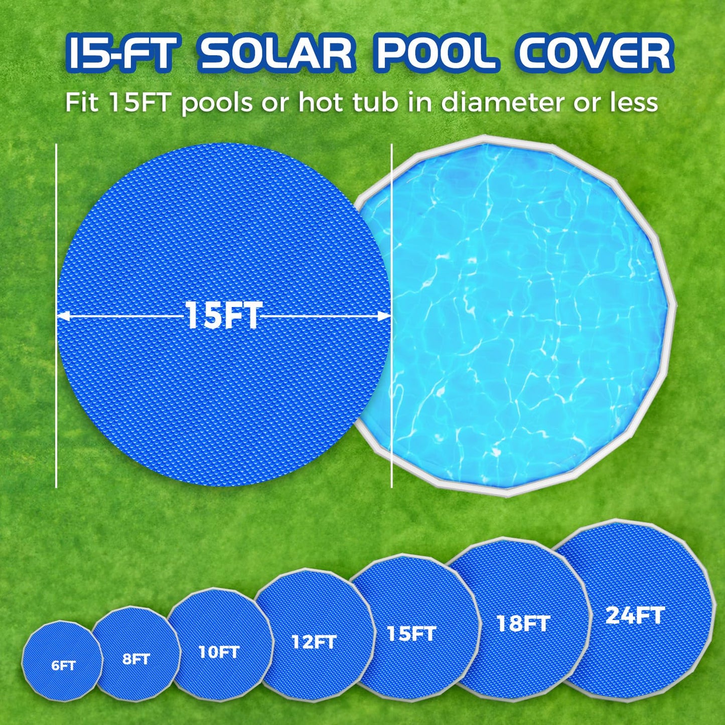 Evoio Solar Pool Cover 15 ft Round for Above Ground Inground Pools Bubble Wrap Covers for Hot Tub Spa Thermal Heating, 12 Mil Circle Blue Floating Blanket for 6-24 Foot Feet Diameter Swimming Pools