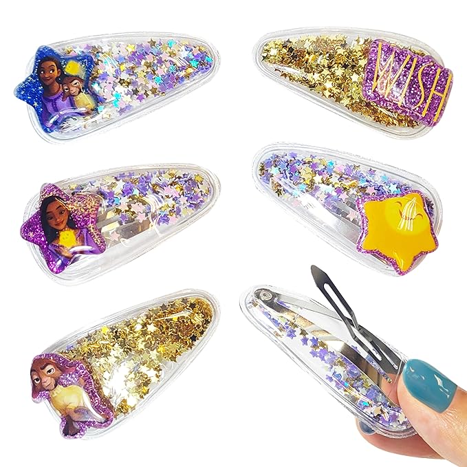 Disney Wish Girls Cute Hair Clips with Favorite Character Charms, Magical Confetti Hair Accessories for Toddlers Ages 3+