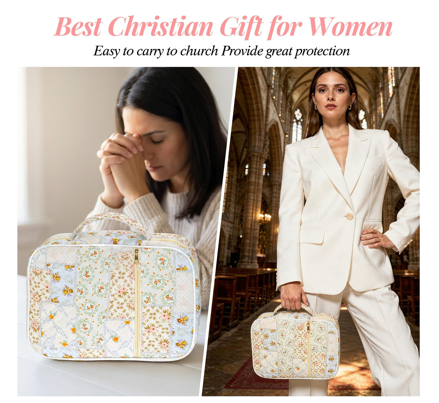 Bible Cover Case for Women, Large Bible Bag with Bible Study Supplies Accessories Christian Gifts for Women, Portable with Sturdy Handle and Highlighters, Spliced Flower