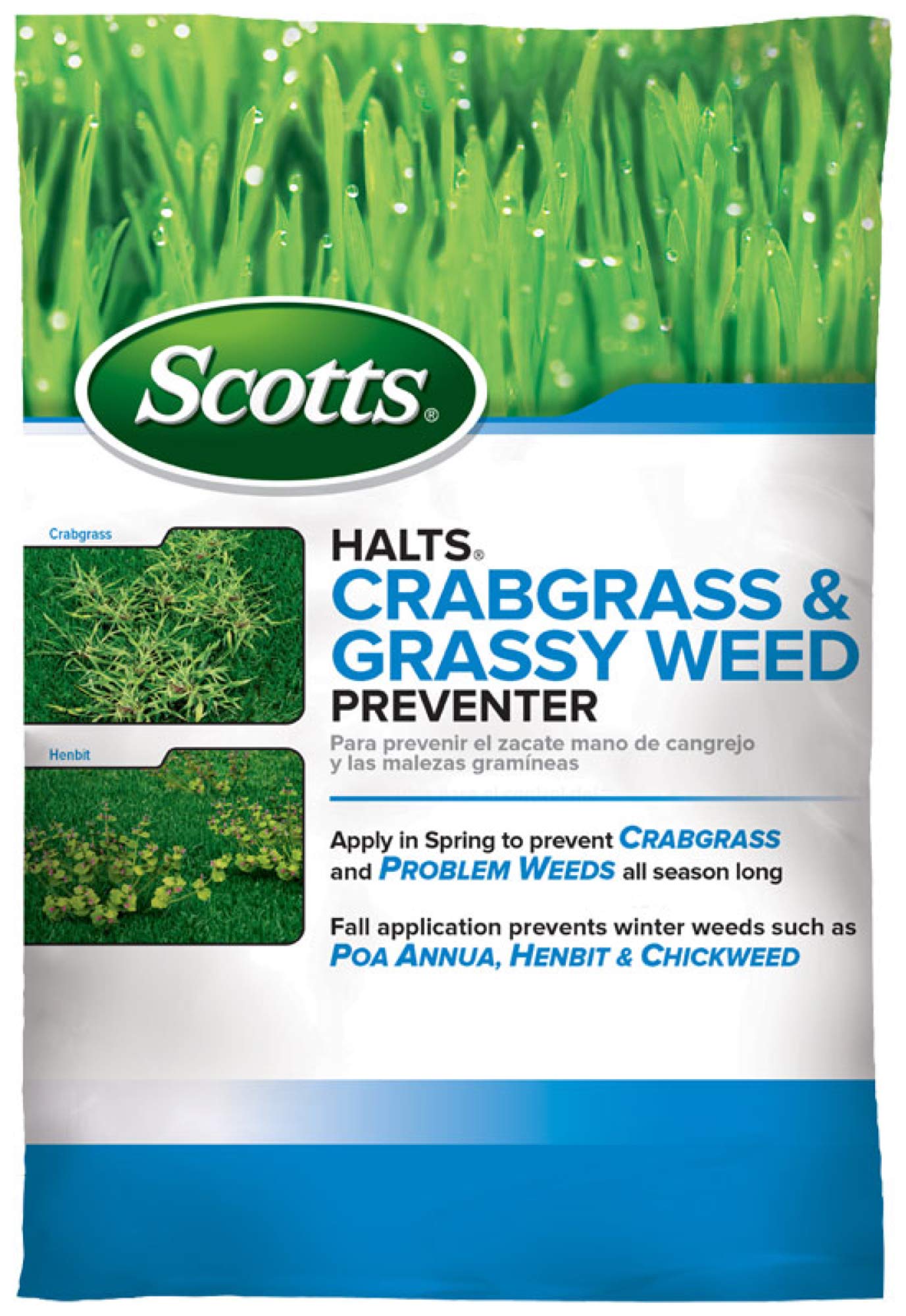Scotts Halts Crabgrass & Grassy Weed Preventer - Crabgrass Preventer, Pre Emergent Weed Control for Lawns, Prevents Chickweed & More, Treats up to 5,000 sq. ft., 10.06 lb.