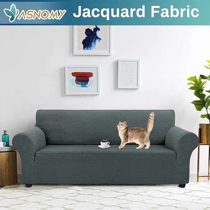 Asnomy Couch Covers for 3 Cushion Couch Stretch Sofa Covers Slipcovers, Pet Protector Furniture Covers for Dogs Cats Spandex Jacquard Fabric Small Checks（X-Large，Gray）