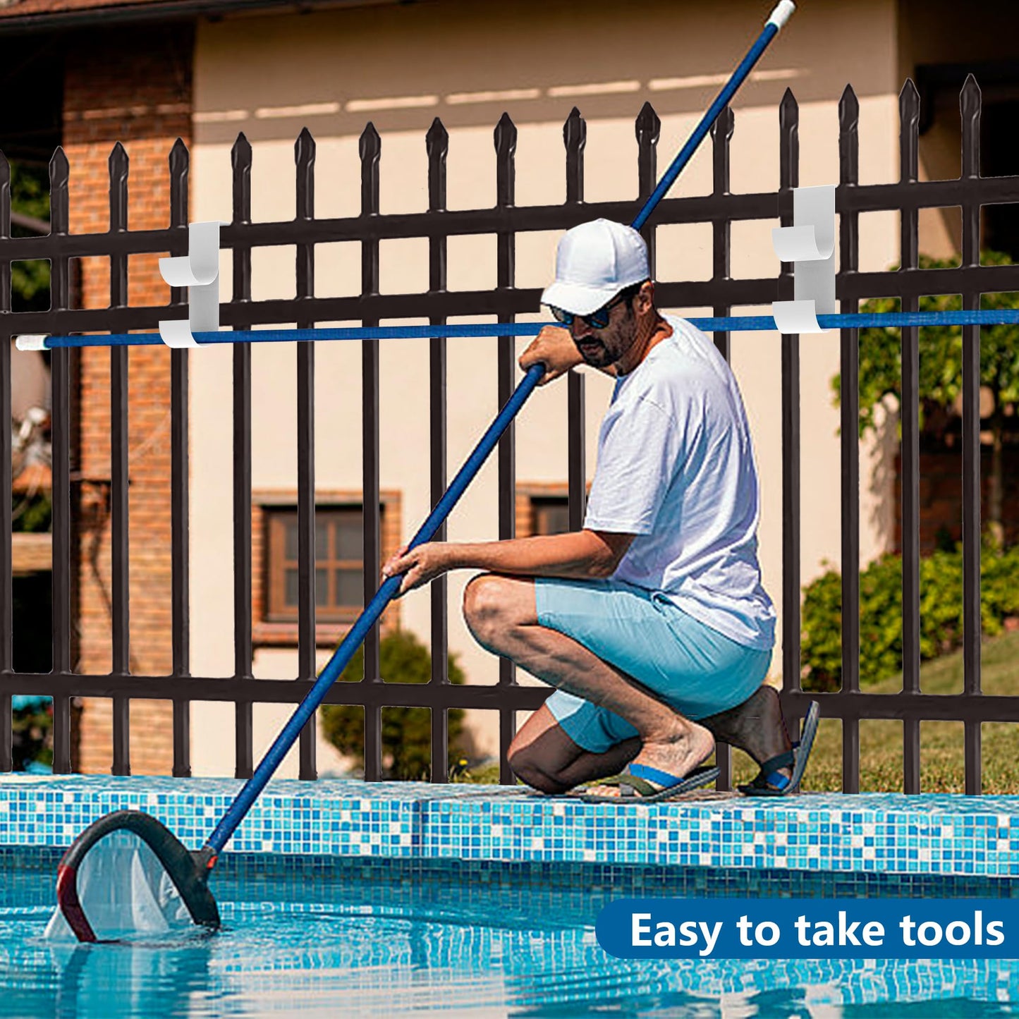 codree 2 PCS Pool Fence Hooks for Pool Equipment, White Heavy Duty Fence Hooks for Pool Poles, Slipe-on Fence Hanger for Pool Hose Pool Skimmer, Fit 3/4 Inch to 1-1/4 inch Railing
