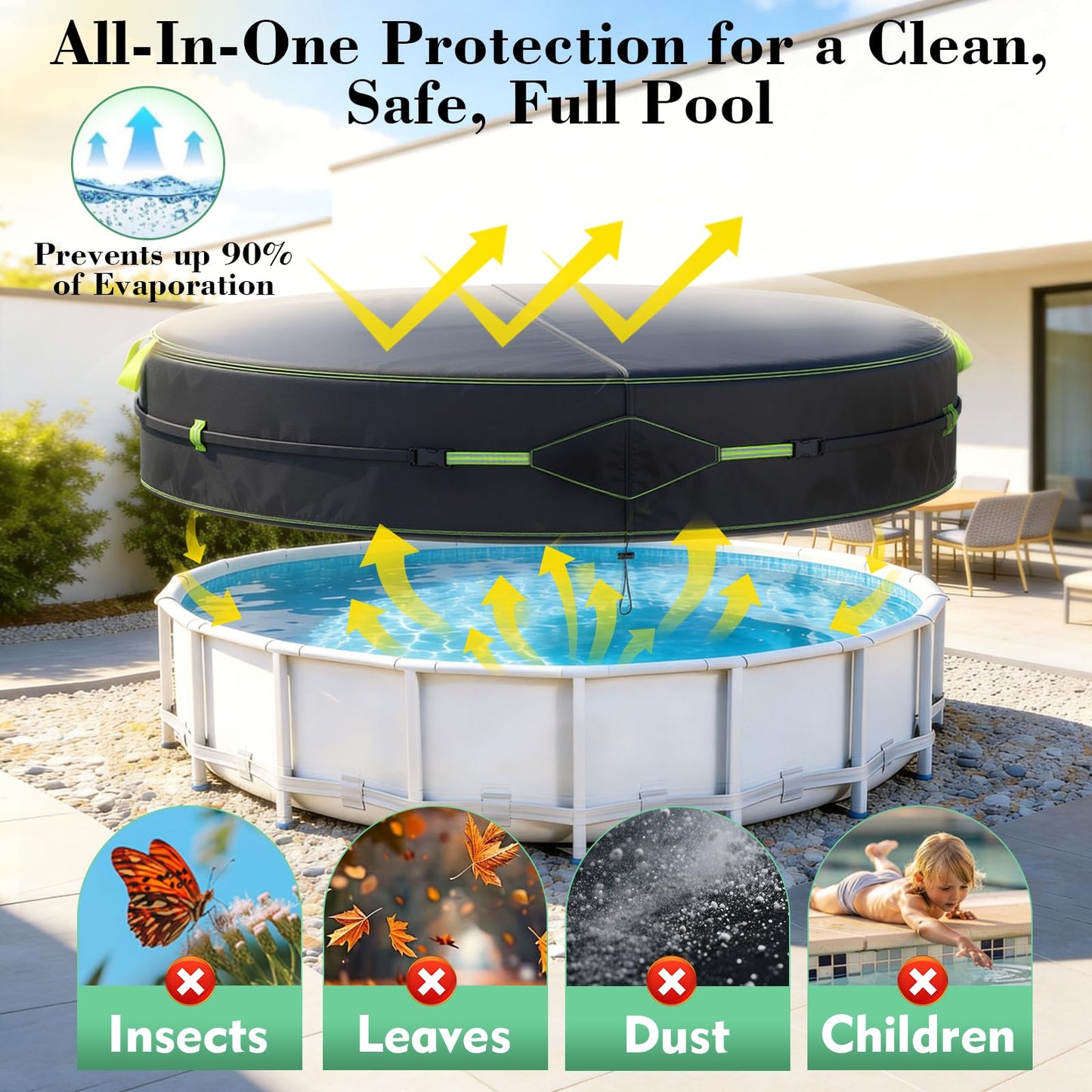 10Ft Round Pool Cover for Above Ground Pools, Safety Solar Pool Covers with Reflective Strips, Rope and Luminous Nails, Upgraded Thicker Oxford, PU Tarp Snug, UV Protected, Windproof, Tear Resistant