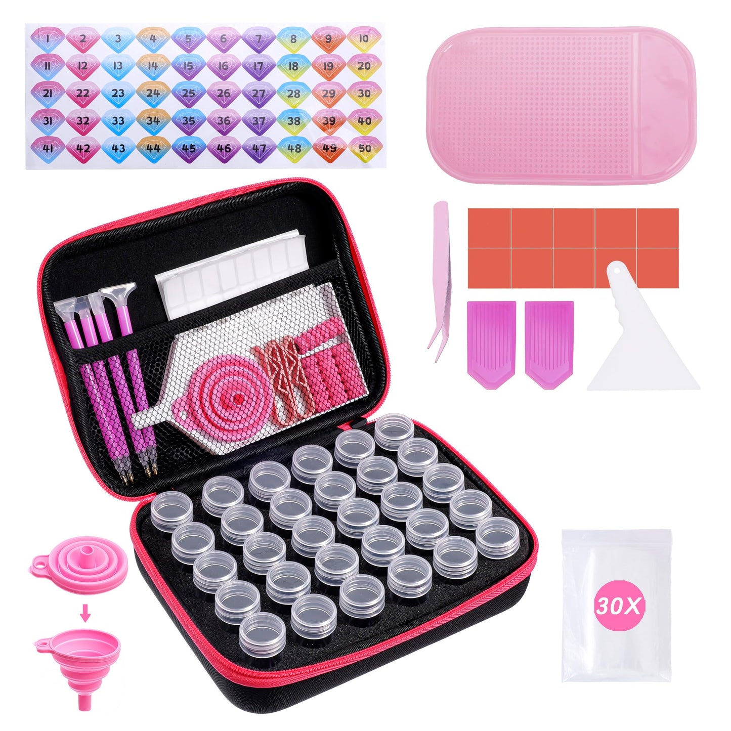 LYMUSUMI 30 Slots Diamond Art Storage Containers for Adults Portable Bead Storage Boxes for Diamond Painting Accessories and Tools（Rose Red）