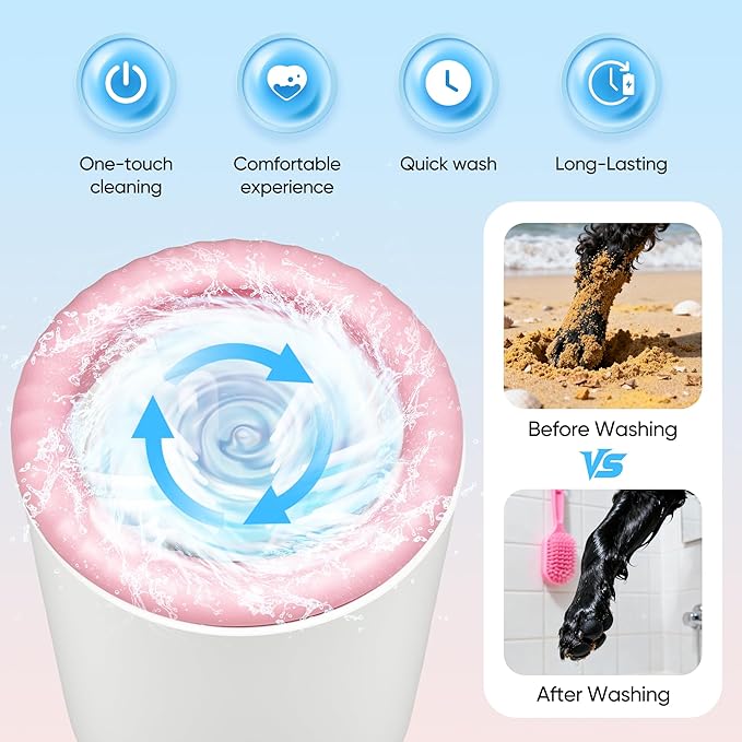 PETCHO Electric Dog Paw Cleaner Cup – Automatic 360° Pet Paw Washer, Rechargeable & Quiet Paw Cleaning Device with Soft Silicone Bristles, Portable Pet Foot Washer for Medium Large Dogs (Pink)
