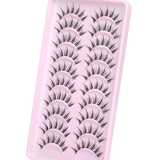 Manga Lashes Wispy Natural Look False Eyelashes Spiky Eyelashes Anime Fake Eyelashes Strip 3D Doll Lashes False Eye Lashes with Invisible Lash Band 10 Pairs