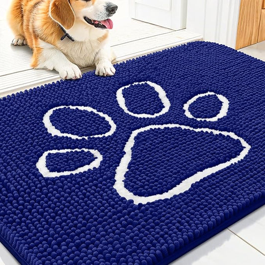 Smiry Dog Door Mat for Muddy Paws, Absorbent Dirt Trapper Non Slip Quick Dry Washable Chenille Mat for Mud Dogs, Entry Rug for Indoor and Outdoor (30x20 Inches, Navy Blue and White)