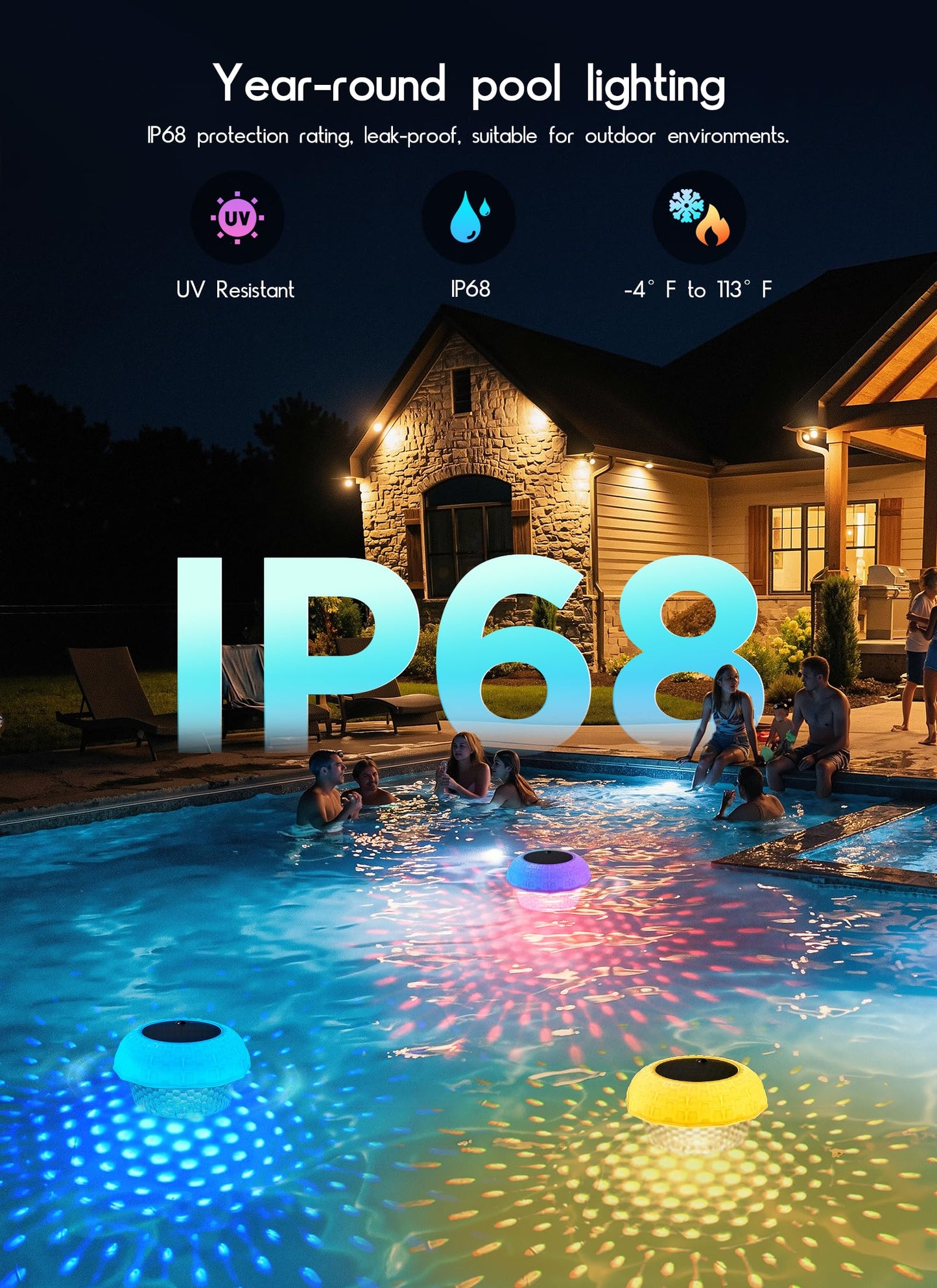 Brightown Floating Pool Lights Solar Powered 2 Pack, RGBWW Solar Pool Lights Chlorine Tablet Floater with 20+ Light Effects, Remote Control, IP68 Waterproof Pools Light for Pools, Hot Tubs, Party