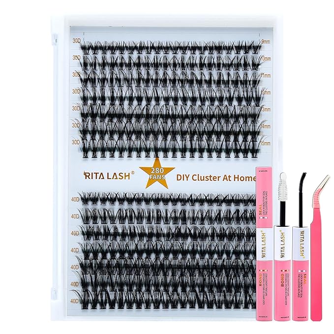 RITALASH Lash Extension Kit 30D+40D DIY Lash Clusters 280pcs Cluster Lashes Individual Lashes Eyelash Extension Kit with Lash Bond and Seal,Lash Tweezers(30D+40D Kit,9-15mm Mixed)