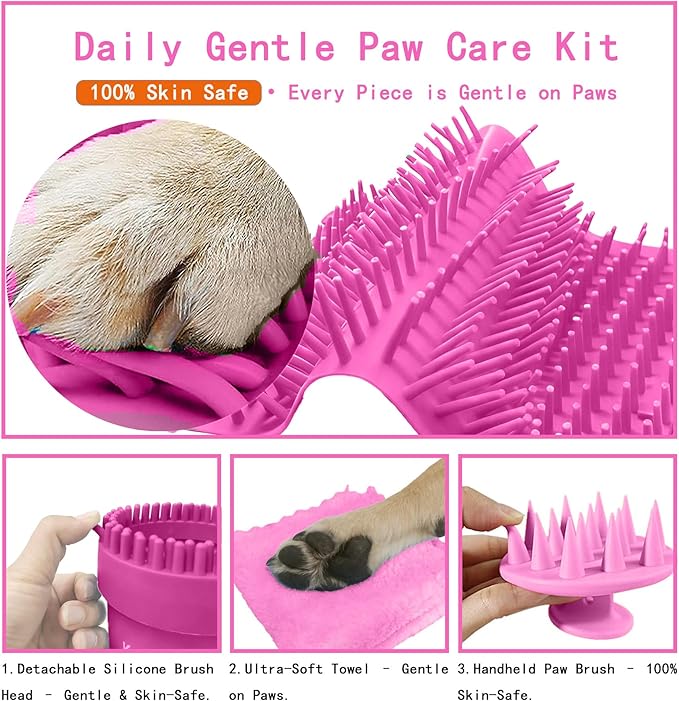 Dog Paw Cleaner Kit for Medium & Small Dogs - Quick Clean No Full Bath, 2-in-1 Paw Wash Cup with Detachable Silicone Brush Head, Includes Bath Brush & 3 Absorbent Towels, Pink