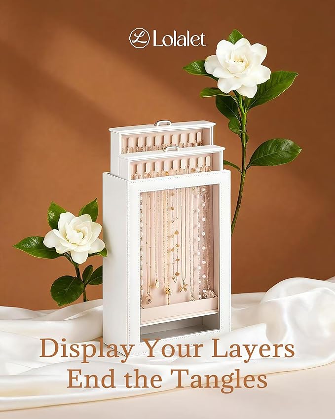 Lolalet Necklace Organizer Box, Jewelry Storage Box with Clear Window for Necklaces Bracelets, Tangle-Free Necklace Display Case for Women Girls -White, 2 Layers 20 Hooks