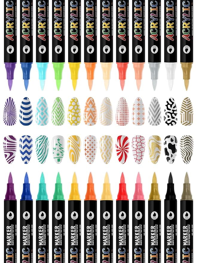 24 Color 3D Nail Art Polish Pens Set, Kalolary Nail Art Markers Point Graffiti Dotting Pen Drawing Painting Liner Double Headed Acrylic Paint for DIY Nail Art