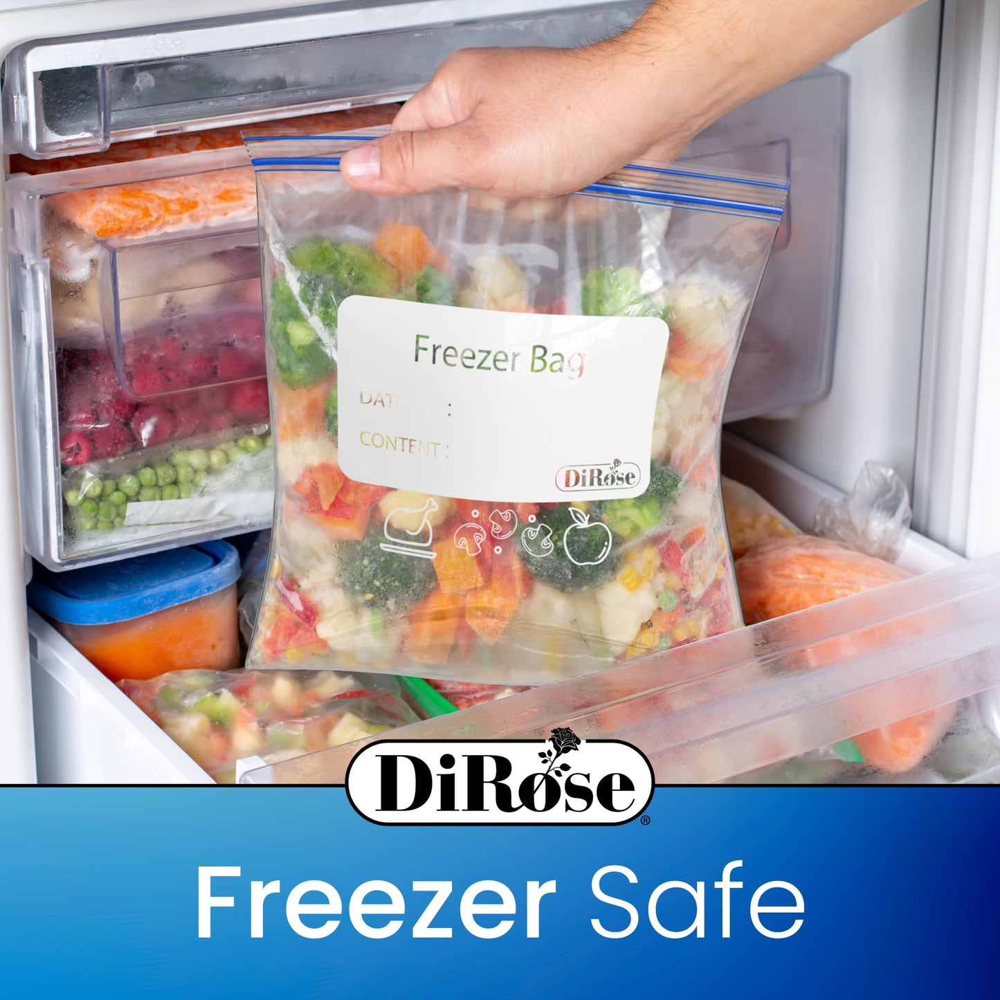 DiRose Reclosable Freezer Bags - 1 Gallon Size (200 Pack) | Double Zipper, Airtight Seal, BPA-Free, Premium Thick Heavy-Duty Bags for Safe and Secure Food Storage