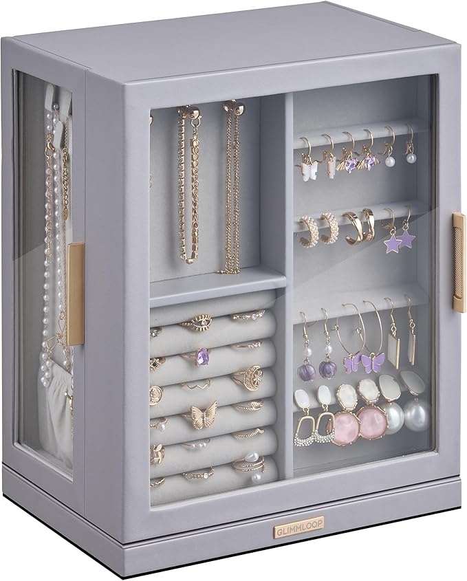 Glimmloop 360ÃÂ° Rotating Jewelry Box with 5 Drawers, Spacious Vertical Jewelry Organizer with Glass Window, Jewelry Storage Case, Dustproof & Moisture-resistant Design, Grey