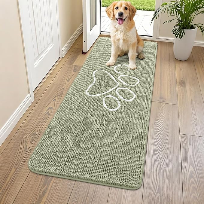 Smiry Dog Door Mat for Muddy Paws, Absorbent Dirt Trapper Non Slip Quick Dry Washable Chenille Mat for Mud Dogs, Entry Rug for Indoor and Outdoor (59x24 Inches, Sage Green and White)