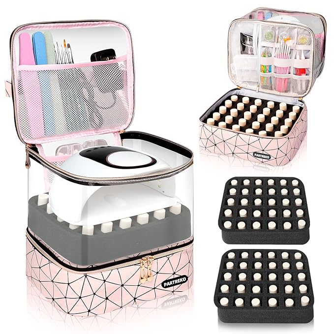 Clear Nail Polish Organizer Holds 60 Bottles (15ml/0.5fl.oz)& Nail Lamp, Double Layer Nail Supplies Organizer Case Transparent, PU Leather Nail kit Storage Bag for Manicure Tools (Pink)