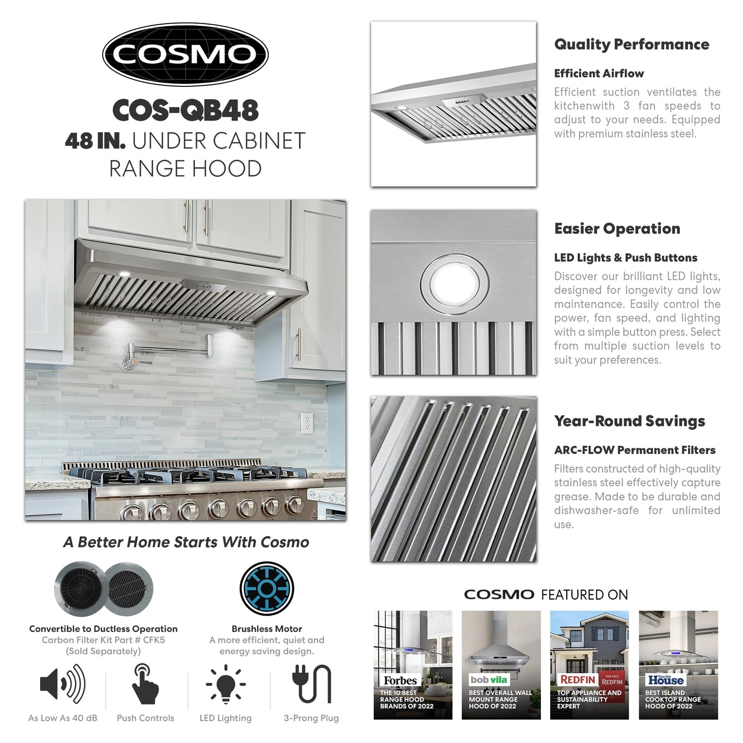 COSMO COS-QB48 48 in. Haven Collection 500 CFM Ducted Under Cabinet Range Hood, Button Control, LED Lights, Stainless Steel