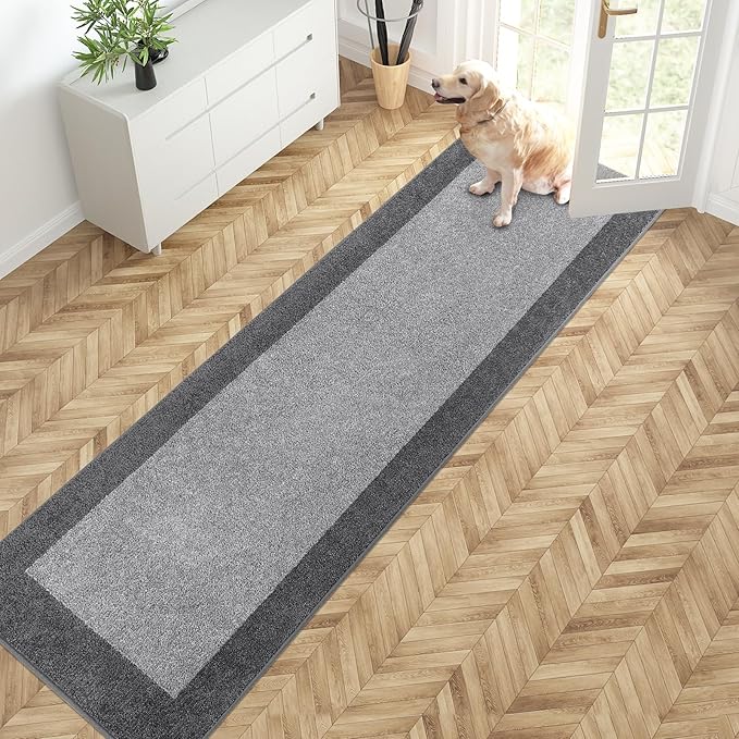 PURRUGS Dirt Trapping Door Mat 24" x 96", Non-Slip Washable Entry Mat, Dog Doormat, Front Door Mat, Super Absorbent Entrance Mat for Muddy Shoes & Paws, Light Grey & Grey