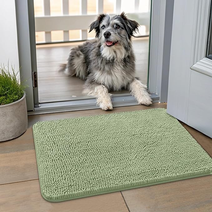 Smiry Dog Door Mat for Muddy Paws 24x16, Absorbs Moisture and Dirt Doormat, Non-Slip Washable Quick Dry Chenille Front Door Mat Indoor Entrance, Entryway Carpet for Inside Floor, Sage Green