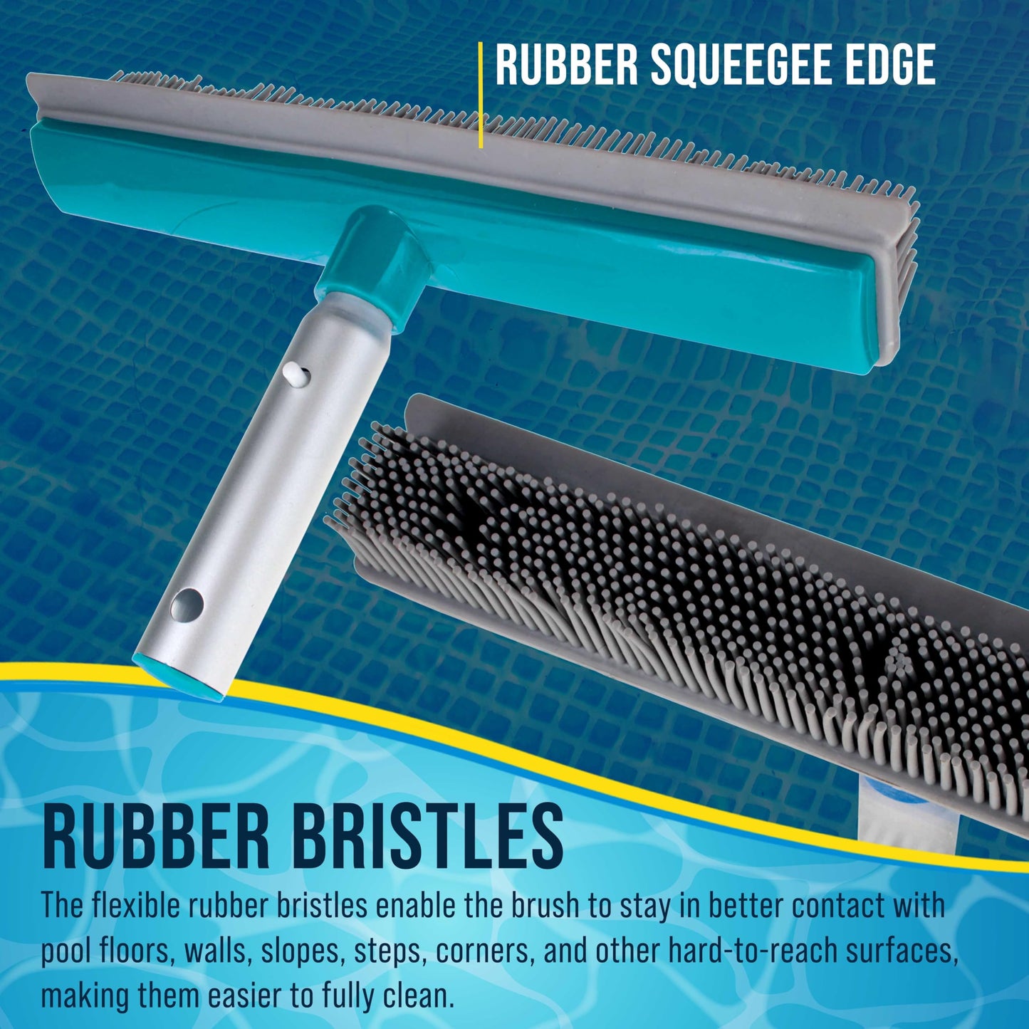 U.S. Pool Supply 13" Pool Brush with Rubber Bristles and Squeegee Edge - Safe for Vinyl Liners, Ideal for Above-Ground Pools, Aluminum Pole Handle - Scrub Leaves Debris from Walls, Floors, Corners