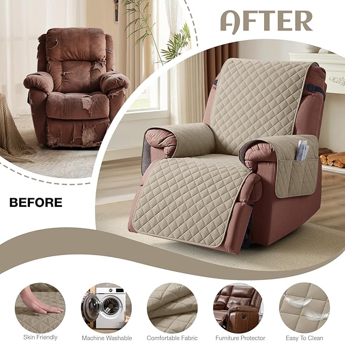 KinCam 100% Waterproof Recliner Chair Cover, Reclining Couch Covers for Pets, Dogs, Recliner Couch Slipcover Furniture Protector with Elastic Straps for Kids(28", Khaki)