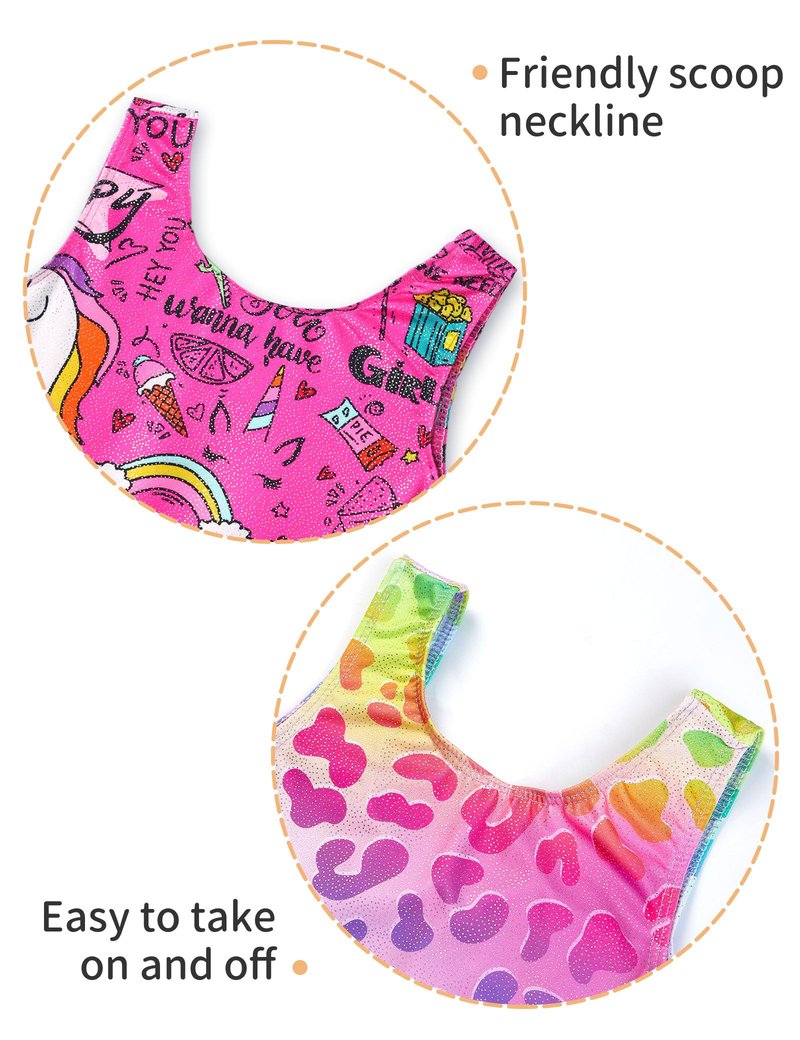 Nokecina Leotard for Girls Gymnastics 2t 3t Rainbow Leopard Hotpink Cartoon Unitards 2 Pack One Piece Tumbling Biketards