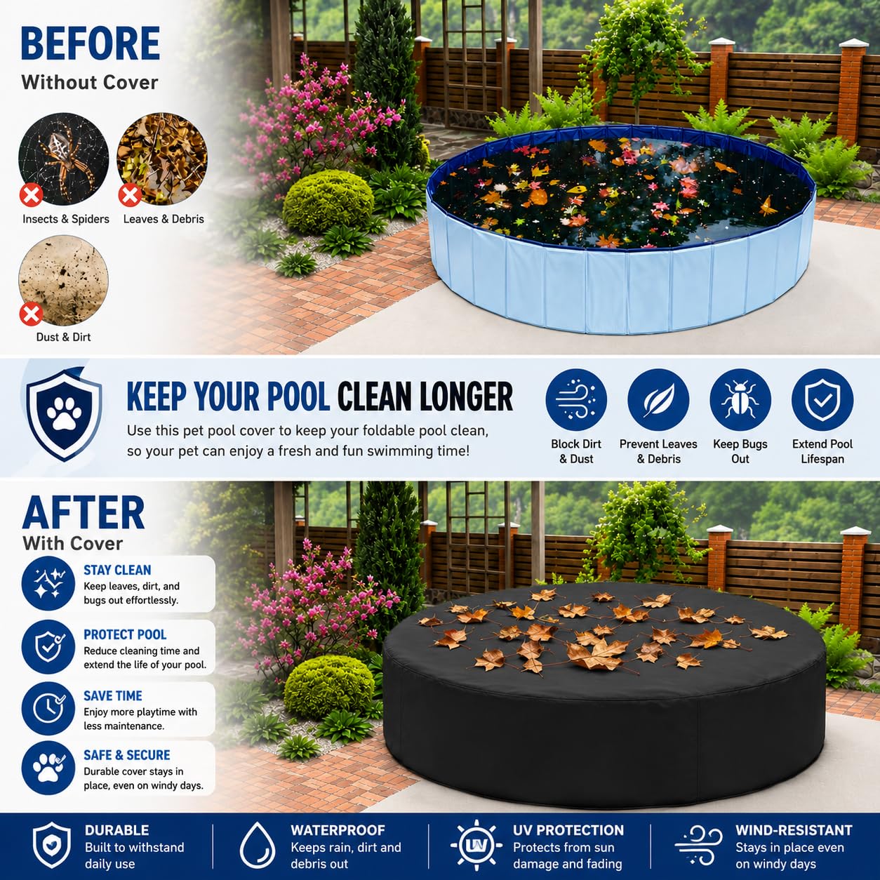 Rypet 48 inch Dog Pool Cover Foldable Round Pools Pet Collapsible Swimming Pool Cover Kiddie Pool Cover Portable Pool Accessories for Dog Kiddie Pool Bathing Tub