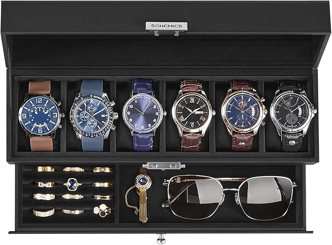 SONGMICS Watch Box, 6-Slot Watch Case Organizer with Large Glass Lid, 2 Layers, Removable Pillows, Metal Lock, Gift for Loved Ones, Black Synthetic Leather, Black Lining UJWB060B02