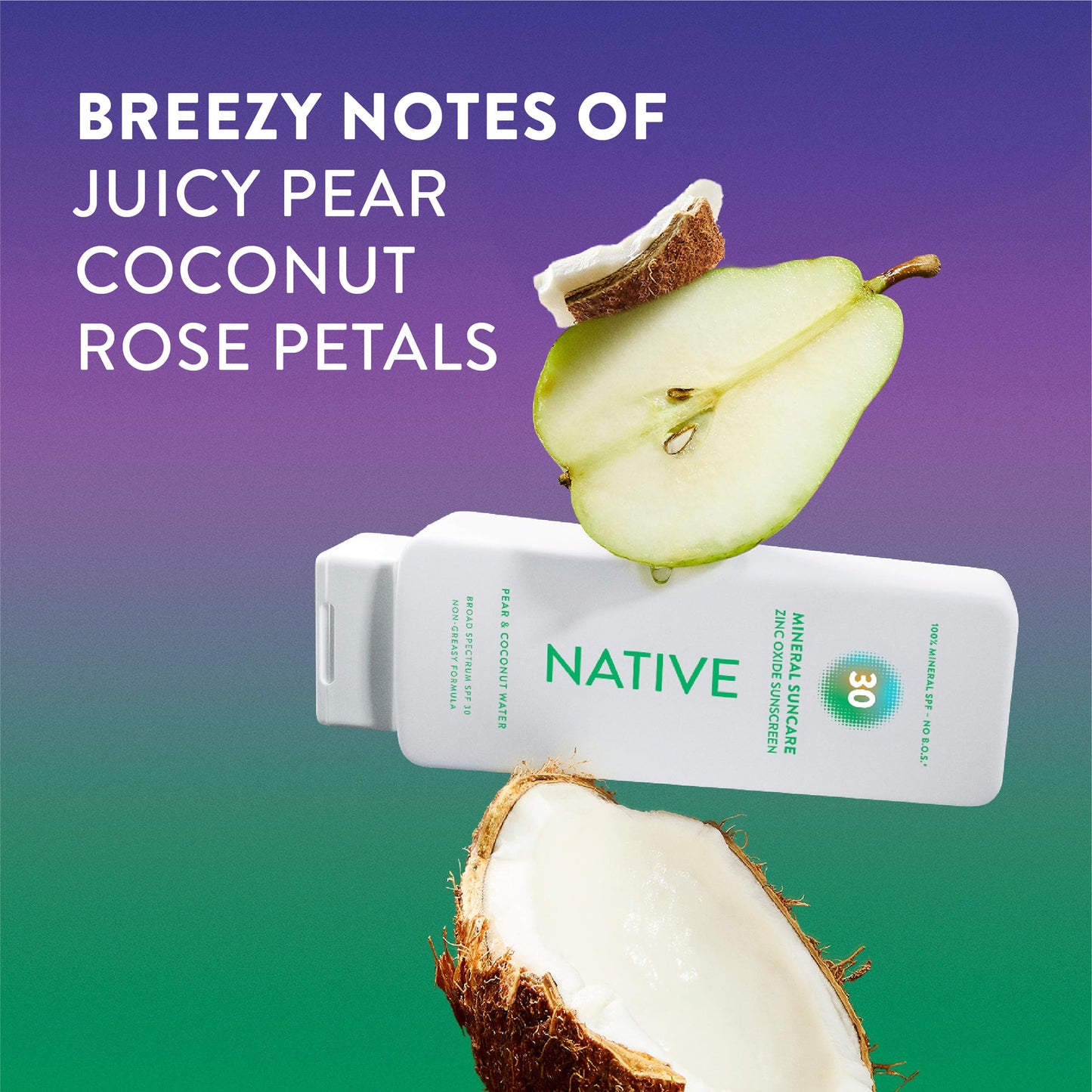 Native Mineral Sunscreen Lotion SPF 30, Pear & Coconut Water Scent, with 100% Mineral Zinc Oxide for Face & Body, Hawaii Compliant, Vegan, No White Cast - 7 oz