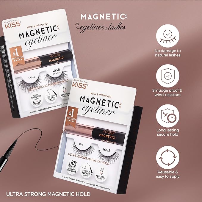 Kiss Magnetic False Eyelashes and Eyeliner, 'Lure', 12mm, Easy to Apply, Reusable, No Glue, Flexiband Technology, Precision Felt Tip, Fortified Formula, 1 Pair Strip Lashes