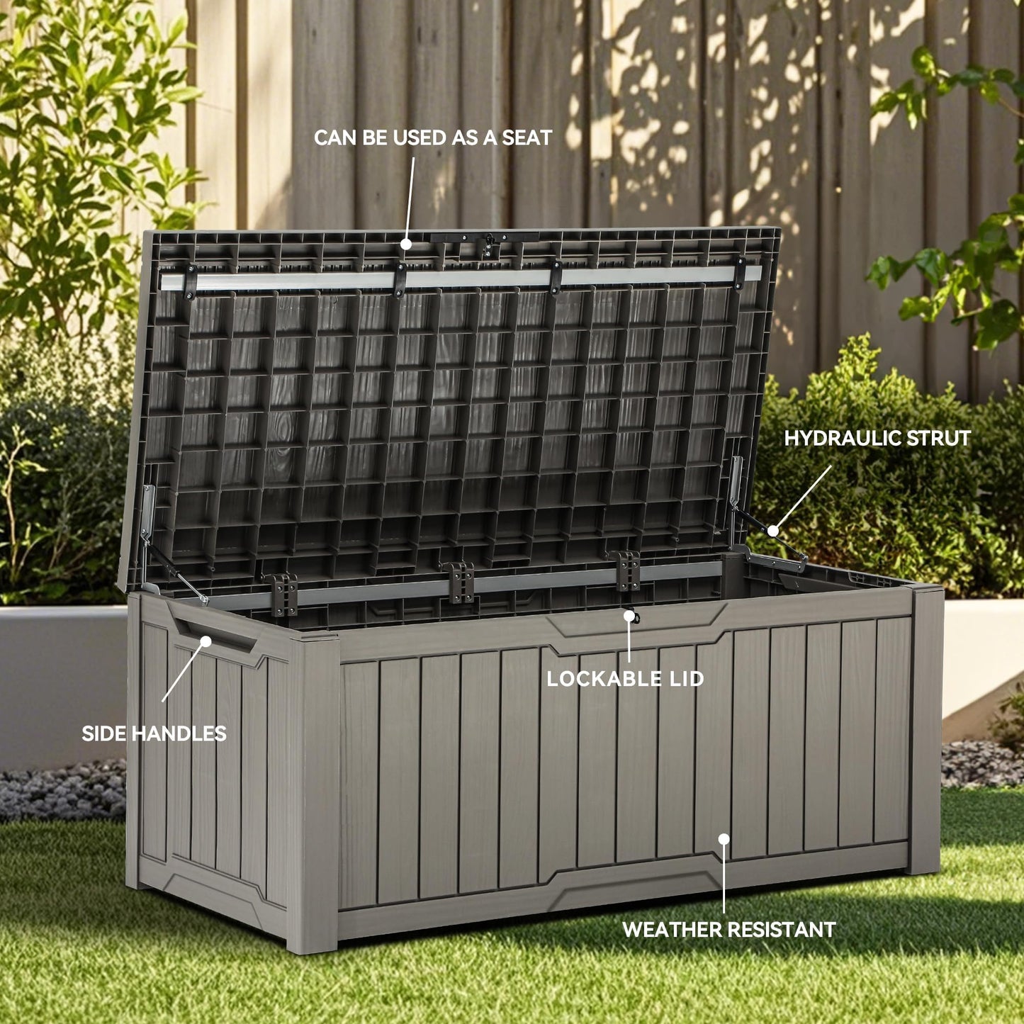 YITAHOME Outdoor Storage Box, 120 Gallon Waterproof Deck Box for Garden Tools, Patio Cushions, and Pool Accessories, Lockable, Easy Assembly, Versatile Bench or Table (Light Brown)