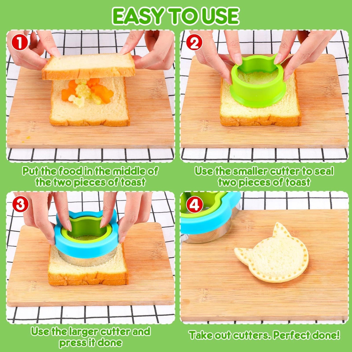 12 Pack Sandwich Cutter and Sealer Set Crustable Bread Decruster DIY Cookie Stamps Mold Vegetable Fruit Cutters Shapes for Kids Back to School Bento Box Accessories