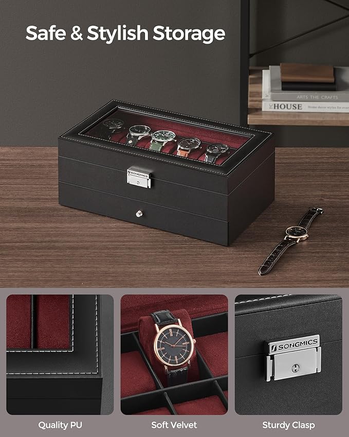 SONGMICS Watch Box, 12-Slot Watch Case Organizer with Large Glass Lid, 2 Layers, Removable Pillows, Metal Lock, Gift for Loved Ones, Black Synthetic Leather, Wine Red Lining UJWB012R01