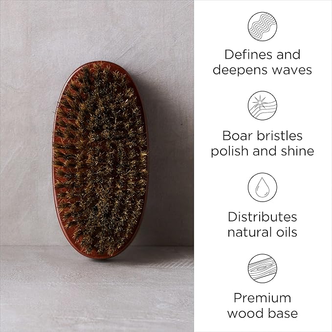 Diane Premium 100% Boar Bristle Military Wave Hair Brush for Men, Medium Firm Bristles for Thick, Curly or Coarse Hair, Use for Detangling, Smoothing, Wave Styles, Soft on Scalp, Restores Shine